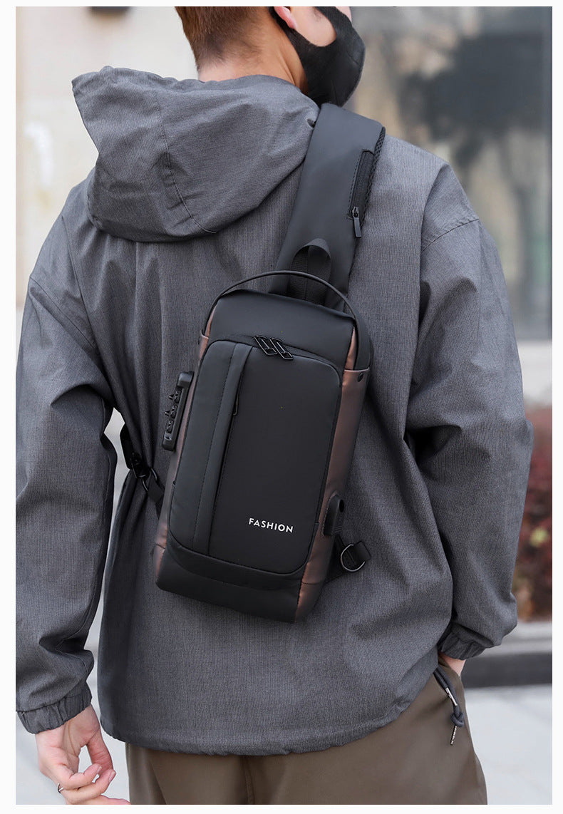 Waterproof Oxford cloth chest bag with USB charging port, breathable mesh back, lockable zipper for valuables, and versatile unisex design; ideal for daily use, work, travel, or outdoor activities.