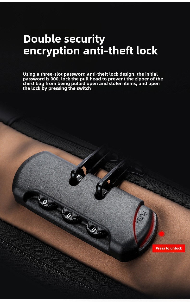 Waterproof Oxford cloth chest bag with USB charging port, breathable mesh back, lockable zipper for valuables, and versatile unisex design; ideal for daily use, work, travel, or outdoor activities.