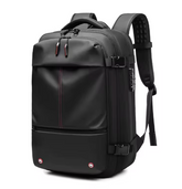 Black vacuum compression travel backpack with waterproof Oxford cloth, breathable back, anti-theft zipper, and large capacity; fits 17-inch laptop, includes vacuum-sealed packing feature, foam shoulder straps, and boarding-ready design.