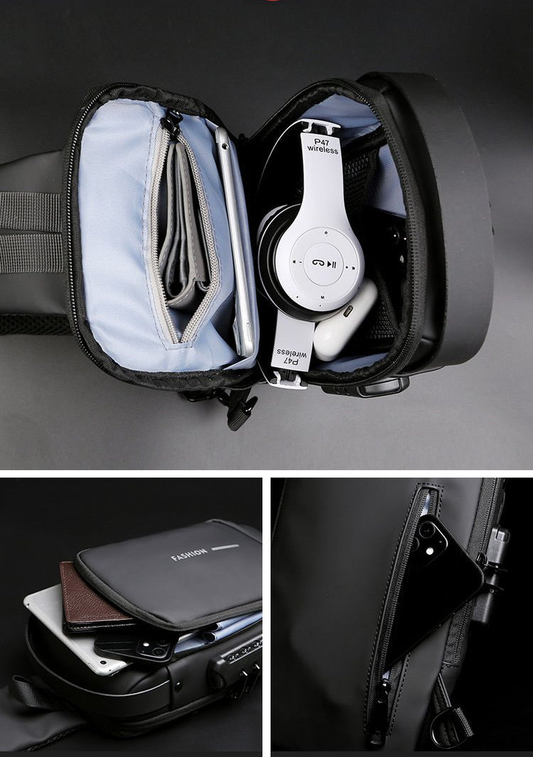 Waterproof Oxford cloth chest bag with USB charging port, breathable mesh back, lockable zipper for valuables, and versatile unisex design; ideal for daily use, work, travel, or outdoor activities.