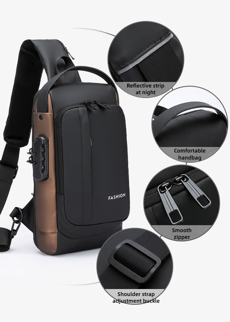 Waterproof Oxford cloth chest bag with USB charging port, breathable mesh back, lockable zipper for valuables, and versatile unisex design; ideal for daily use, work, travel, or outdoor activities.