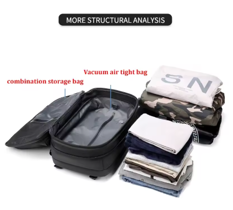 Black vacuum compression travel backpack with waterproof Oxford cloth, breathable back, anti-theft zipper, and large capacity; fits 17-inch laptop, includes vacuum-sealed packing feature, foam shoulder straps, and boarding-ready design.