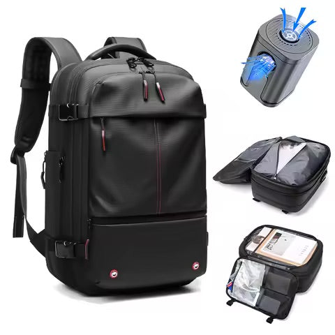 Black vacuum compression travel backpack with waterproof Oxford cloth, breathable back, anti-theft zipper, and large capacity; fits 17-inch laptop, includes vacuum-sealed packing feature, foam shoulder straps, and boarding-ready design.